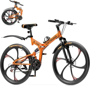 Outroad 26 Inch Folding Mountain Bike, 21 Speed Full Suspension High-Carbon Steel MTB Foldable Bicycle, Dual Disc Brake Non-Slip Folding Bikes for Adults/Men/Women, Black, Orange and Green
