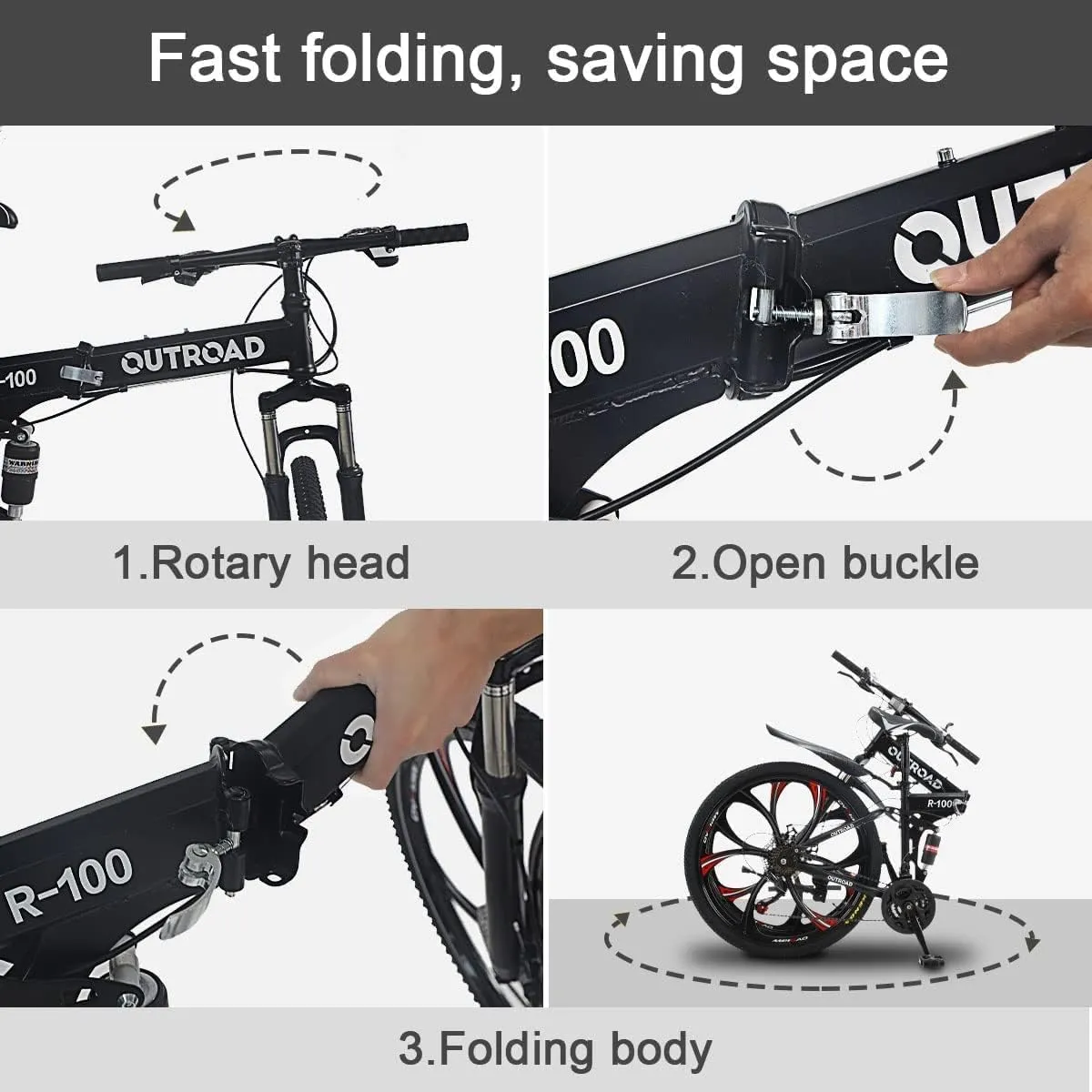 Outroad Folding Mountain Bike Foldable/Unfoldable Bike 26 Inch for Adult, 21-Speed Dual Suspension High-Carbon Steel MTB Foldable Bicycle, Dual Disc Brake Folding Bikes for Women and Men