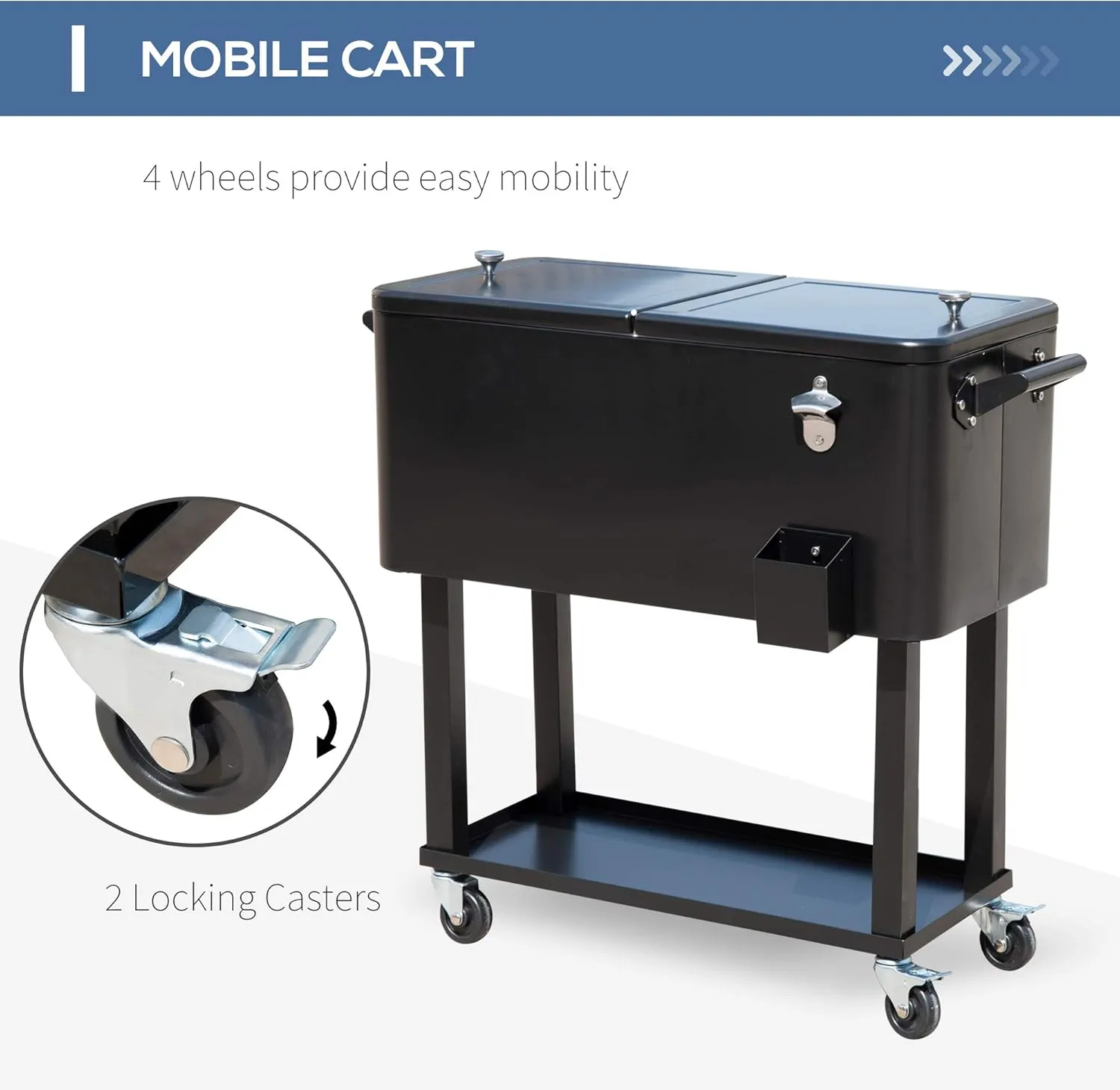 Outsunny 80 QT Rolling Cooling Bins Ice Chest on Wheels Outdoor Stand Up Drink Cooler Cart for Party, Black
