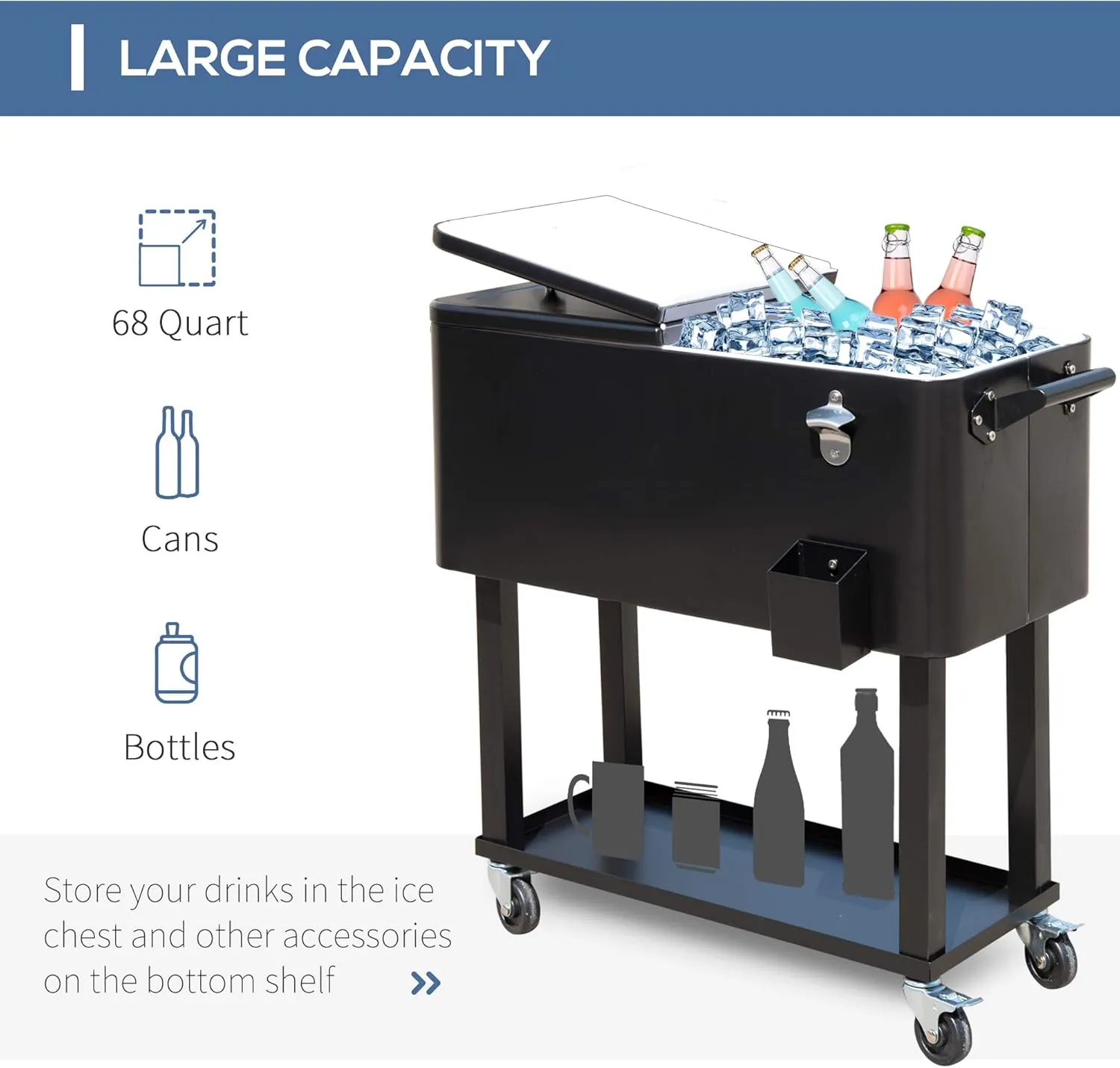 Outsunny 80 QT Rolling Cooling Bins Ice Chest on Wheels Outdoor Stand Up Drink Cooler Cart for Party, Black