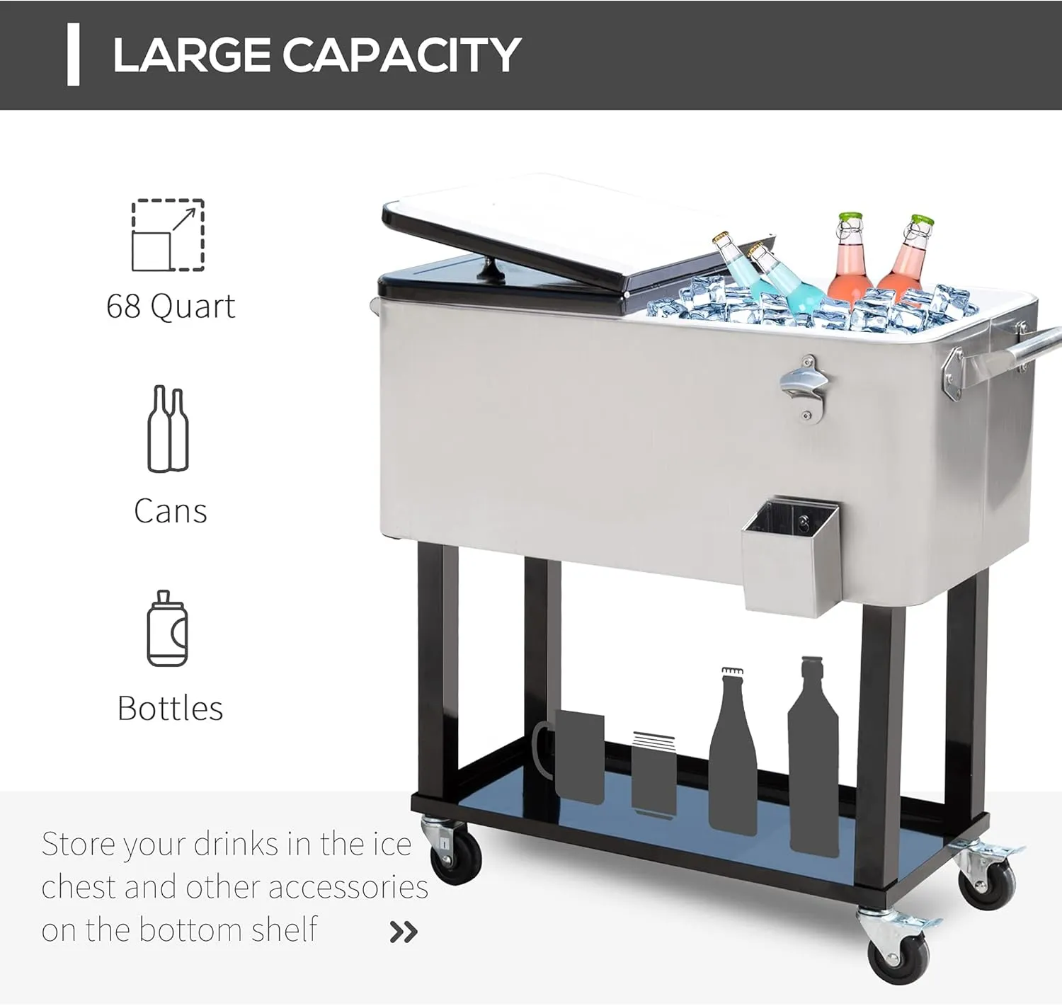 Outsunny 80 QT Rolling Cooling Bins Ice Chest on Wheels Outdoor Stand Up Drink Cooler Cart for Party, Silver