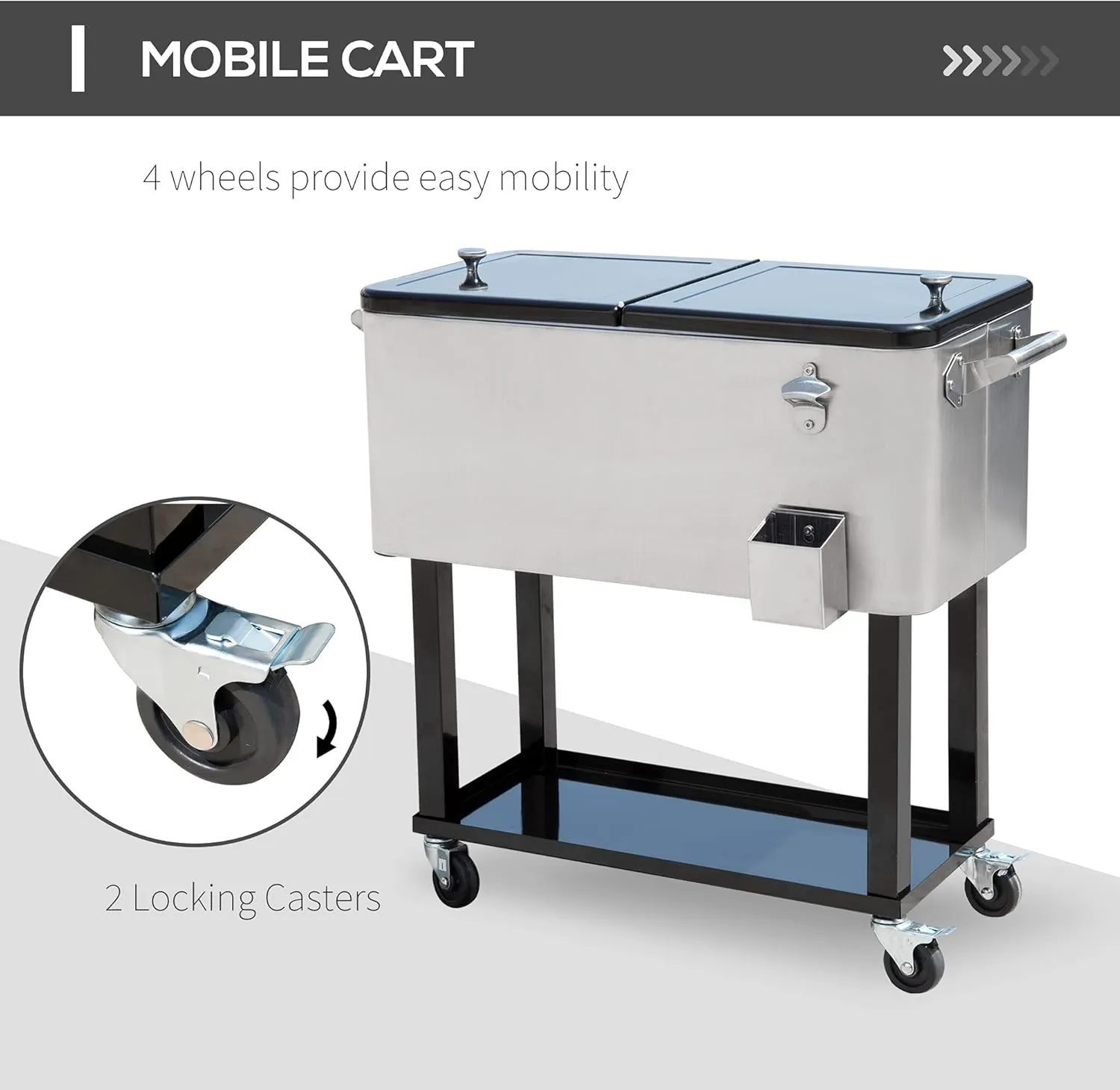 Outsunny 80 QT Rolling Cooling Bins Ice Chest on Wheels Outdoor Stand Up Drink Cooler Cart for Party, Silver