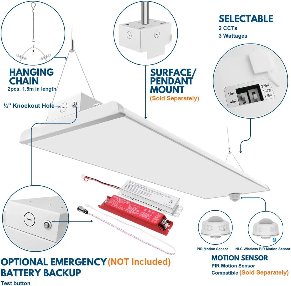 Pack of 2 ALTA LED High Bay Light - 4FT - 225W/195W/175W - 37,600 Lumens - 5000K/4000K Selectable - 120-277V - 600W Metal Halide Equal