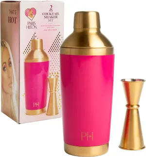 Paris Hilton 2-Piece Cocktail Shaker Set, Double Wall Insulated Stainless Steel Mixer with Built-In Strainer and Double-Sided Jigger, 20-Ounce, Gold and Hot Pink