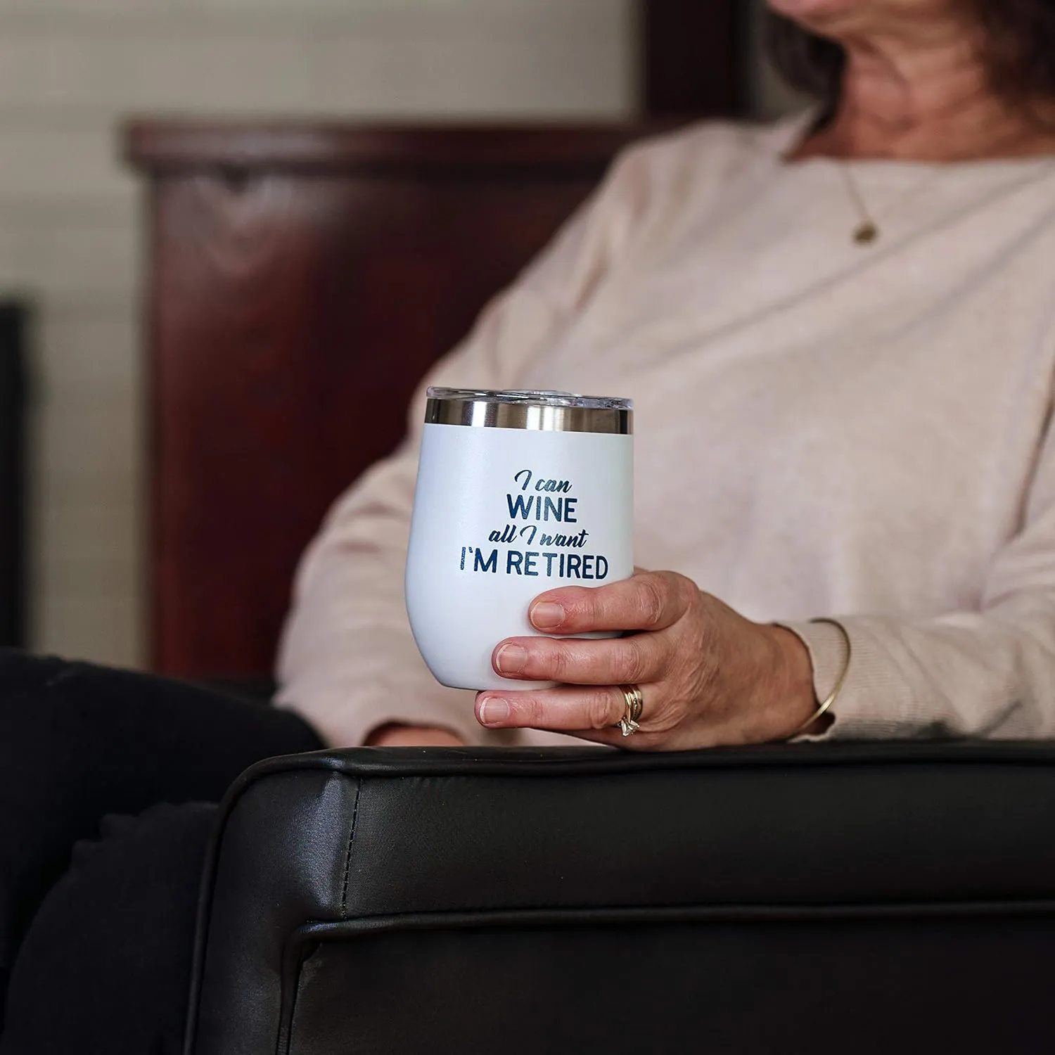 Pavilion Gift Company Insulat I Can Want I'm Retired-12 Oz Stainless Steel Stemless Wine Glass Insulated With Vacuum Sealed Lid, 12oz, White