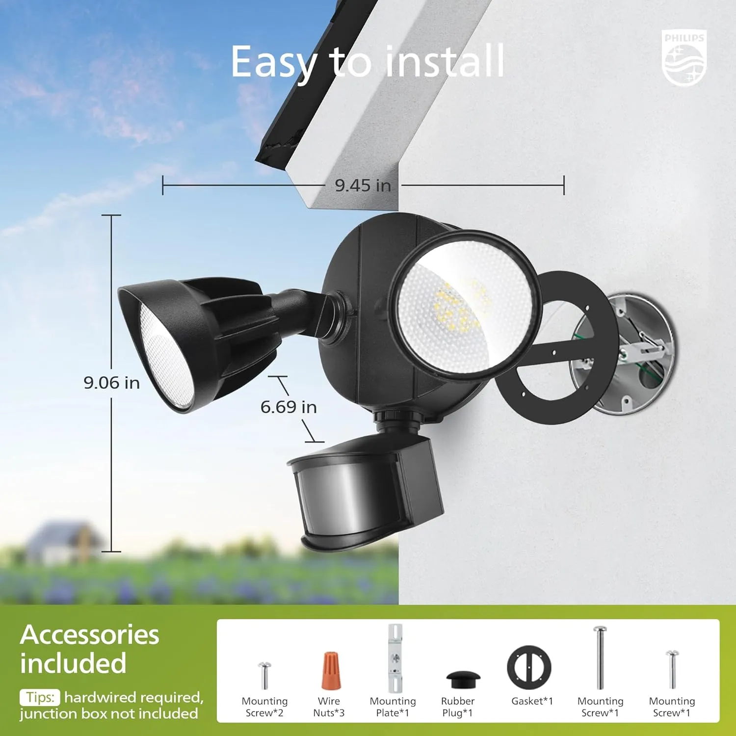 Philips 44W 4200 lm LED Security Light Outdoor w/PIR Motion Sensor, 5000K Daylight Flood Light, Waterproof, Dusk to Dawn, 2 Heads, 4 Modes(2 Packs)
