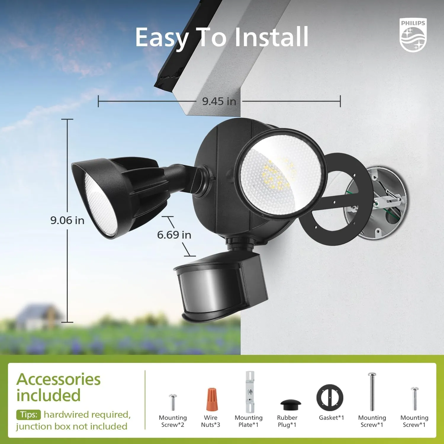 Philips 44W 4200 lm LED Security Light Outdoor w/PIR Motion Sensor, 5000K Daylight Flood Light, Waterproof, Dusk to Dawn, 2 Heads, 4 Modes