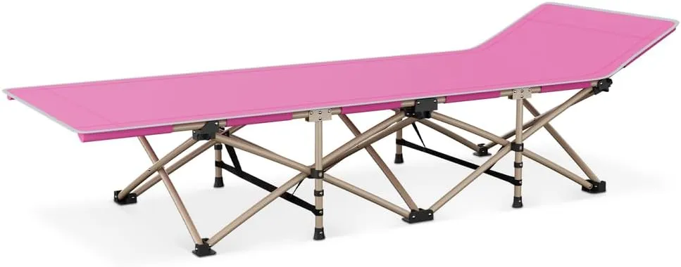 Pink Folding Oxford Sleep Military Bed Metal Frame Reclinable Camping Hiking Cot