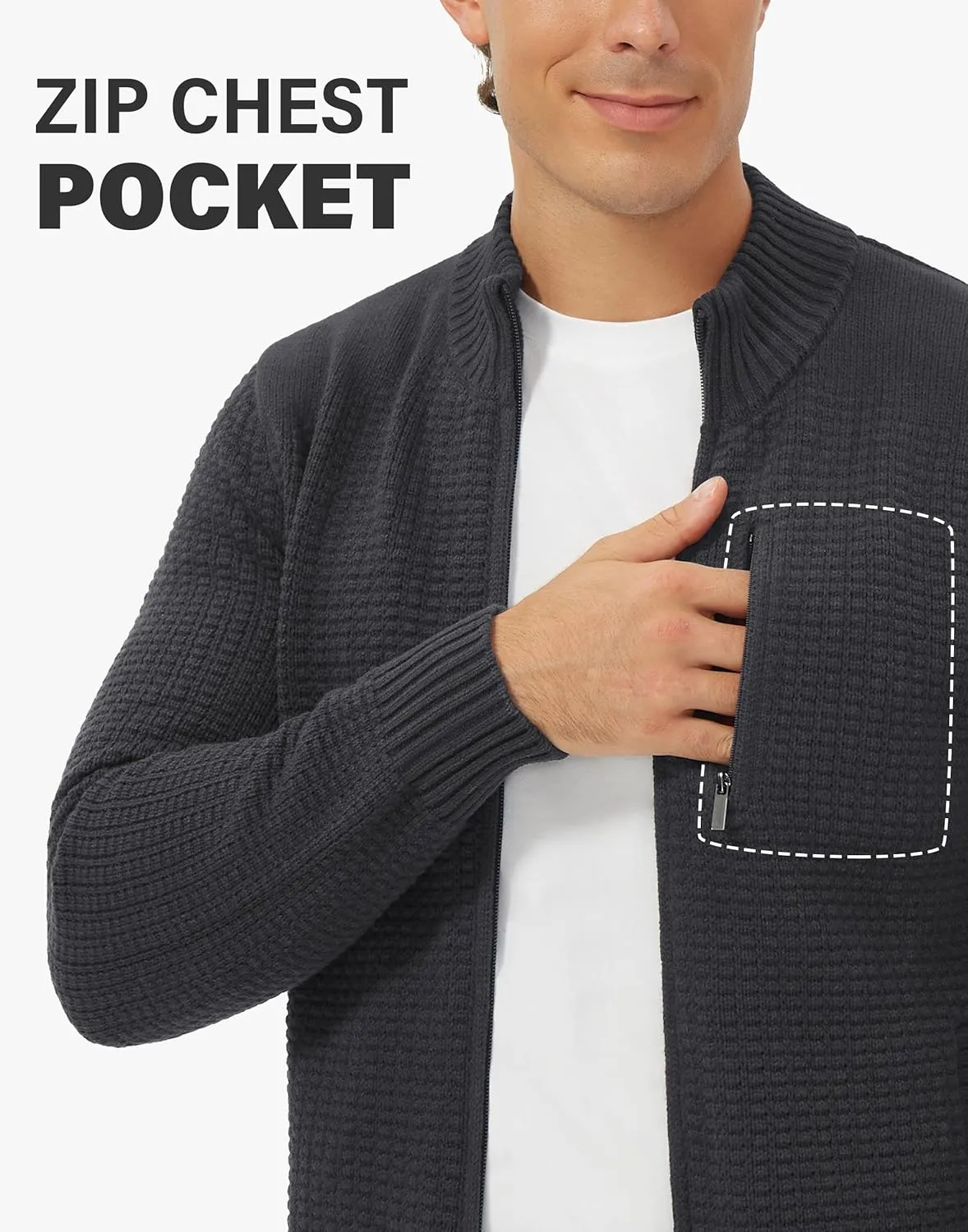 Pioneer Camp Men's Full Zip Up Cardigan Sweater Stand Collar Regular Fit Chest Pocket Knit Sweaters Casual 3 Pockets