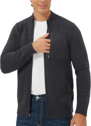 Pioneer Camp Men's Full Zip Up Cardigan Sweater Stand Collar Regular Fit Chest Pocket Knit Sweaters Casual 3 Pockets