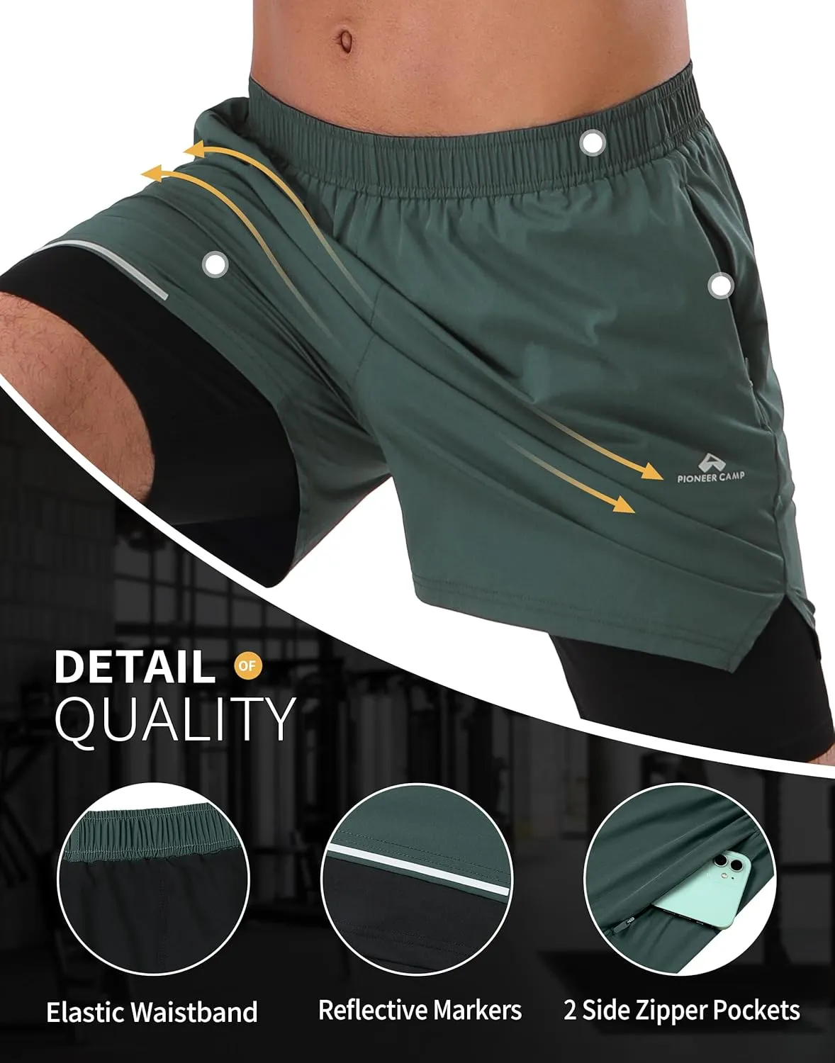 Pioneer Camp Men's Gym Running Shorts with Zipper Pockets 5 inch Inseam 2 in 1 Quick Dry Workout Athletic Shorts with Liner