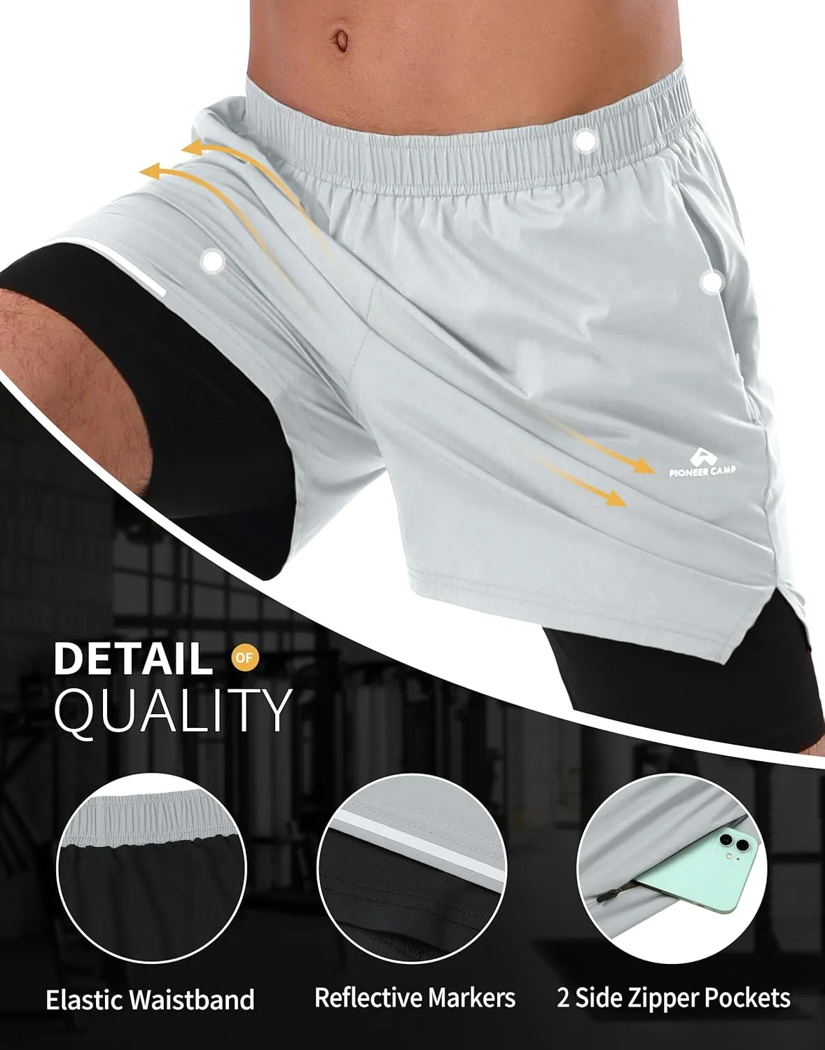 Pioneer Camp Men's Gym Running Shorts with Zipper Pockets 5 inch Inseam 2 in 1 Quick Dry Workout Athletic Shorts with Liner