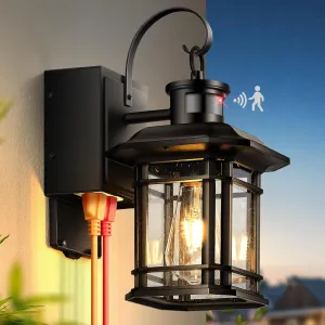 Porch Light with GFCI Outlet, Motion Sensor Outdoor Lights, Dusk to Dawn 3 Lighting Modes Outdoor Light with Outlet, Black Outside Lights for House, Garage, Garden, Waterproof, 100% Aluminum