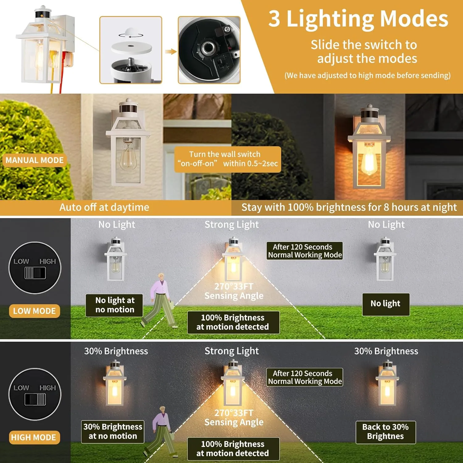 Porch Lights with GFCI Outlet, Dusk to Dawn Motion Sensor Outdoor, 3 Lighting Modes Exterior Light Fixture, Outside for House Front Door Patio Garage(White)