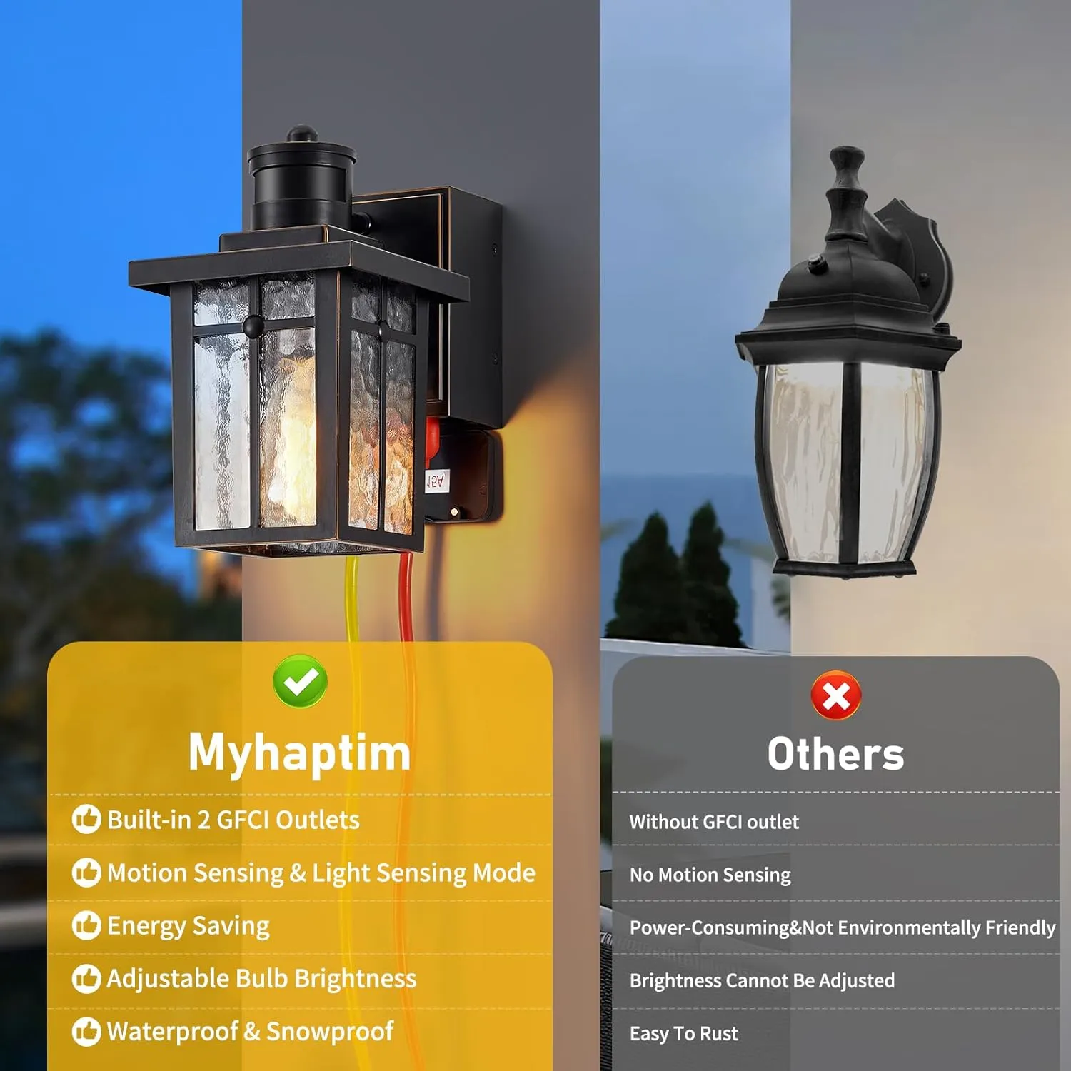 Porch Lights with GFCI Outlet,Dusk to Dawn Motion Sensor Outdoor Lights,3 Lighting Modes Black Front Door Light,Waterproof Exterior Light Fixture,Outside Wall Lamp for House Patio Garage
