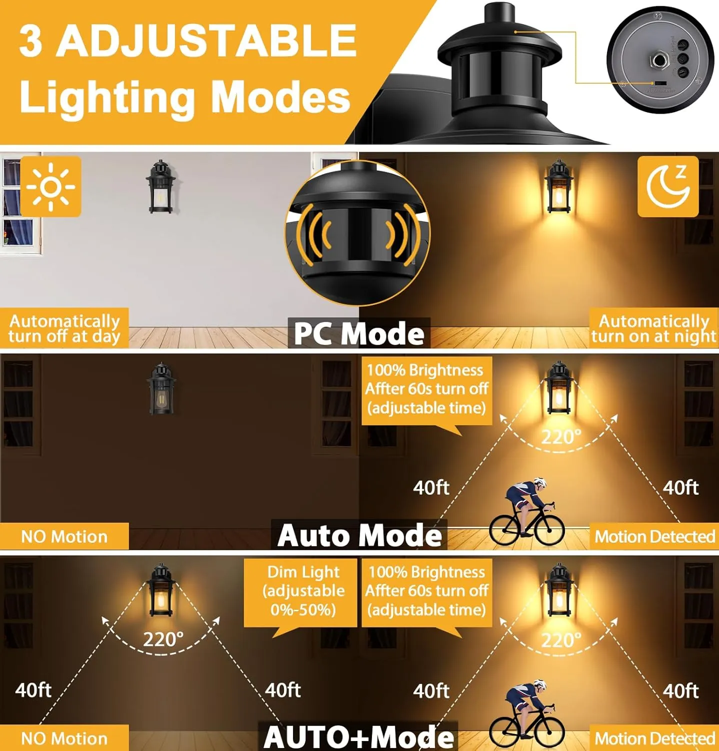 Porch Lights with Outlet, Outdoor Motion Sensor Lights, Dusk to Dawn Exterior Light Fixture, Anti-Rust Waterproof Outdoor Wall Light, Aluminum Outside Lights for House Patio Front Door Garage, Black