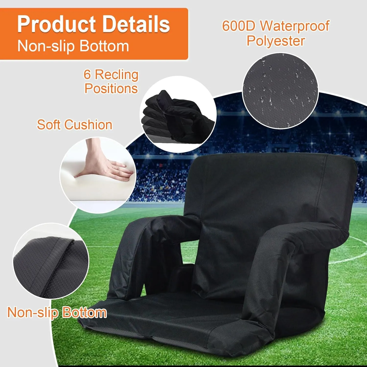 Portable Heated Stadium Seat-1/2 Pack, 21/25 Inch Wide, Folding Design with Back Support, Adjustable Recline, Easy Carry Straps and Cup Holders