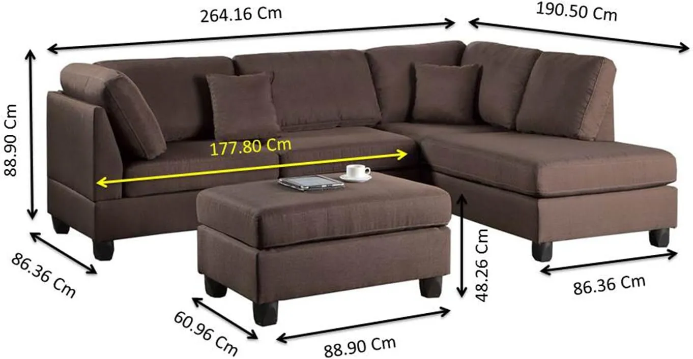 Poundex Bobkona Dervon Linen-Like Left or Right Hand Chaise Sectional with Ottoman Set, Chocolate