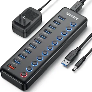 Powered USB Hub, Wenter 11-Port USB Splitter Hub (10 Faster Data Transfer Ports  1 Smart Charging Port) with Individual LED On/Off Switches, USB Hub 3.0 Powered with Power Adapter for Mac, PC