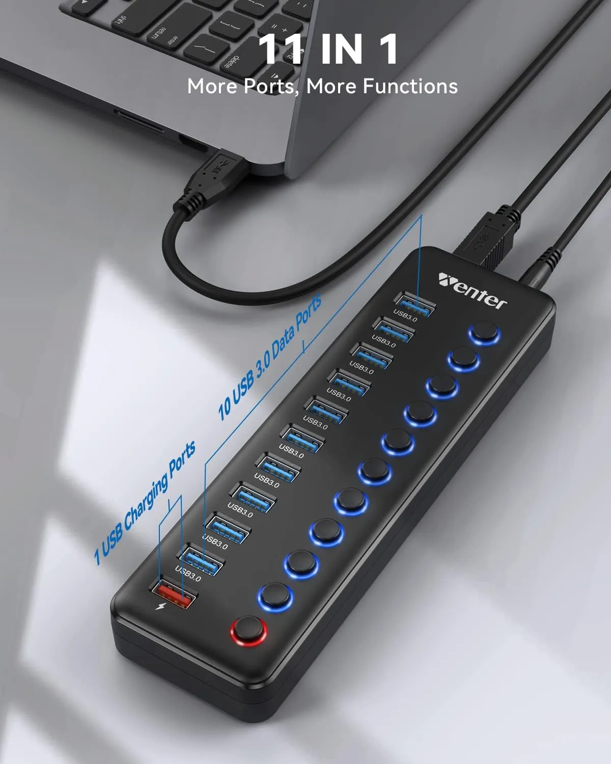 Powered USB Hub, Wenter 11-Port USB Splitter Hub (10 Faster Data Transfer Ports  1 Smart Charging Port) with Individual LED On/Off Switches, USB Hub 3.0 Powered with Power Adapter for Mac, PC