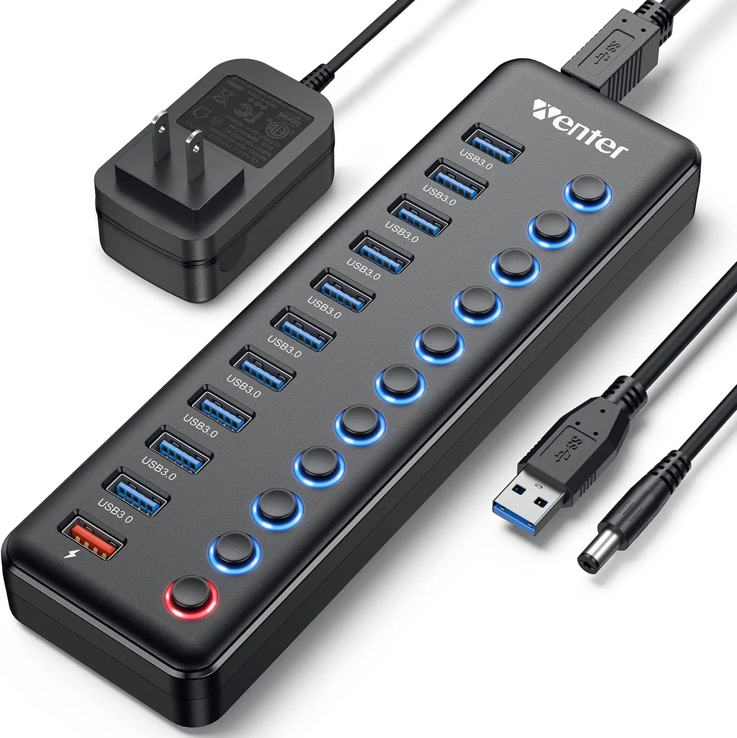 Powered USB Hub, Wenter 11-Port USB Splitter Hub (10 Faster Data Transfer Ports  1 Smart Charging Port) with Individual LED On/Off Switches, USB Hub 3.0 Powered with Power Adapter for Mac, PC