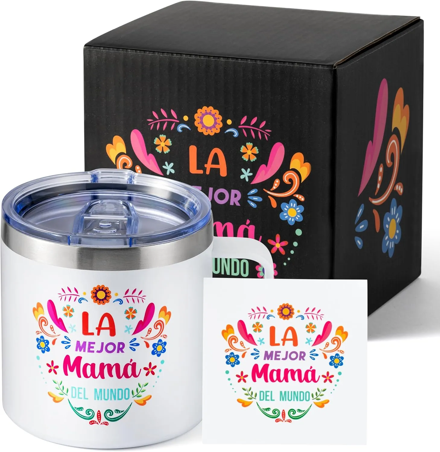 R HORSE La Mejor Mama Del Mundo Coffee Mug, Best Mom Double Wall Insulated Coffee Milk Tea Mug 14 oz, Spill Resistant Cafe Cup with Lids Mother’s Day Mom Birthday Gift in Spanish Regalo Para Mama