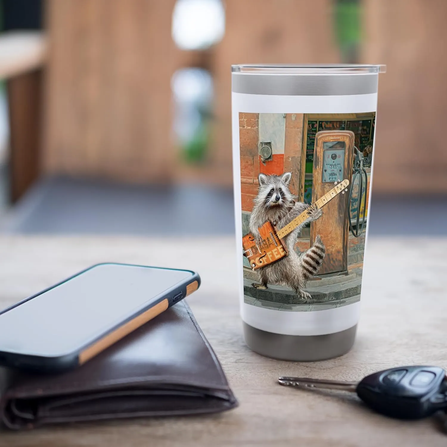 Raccoon Guitar Player Vintage Coffee Guitar Gas Pump Pop Art Stainless Steel Insulated Tumbler