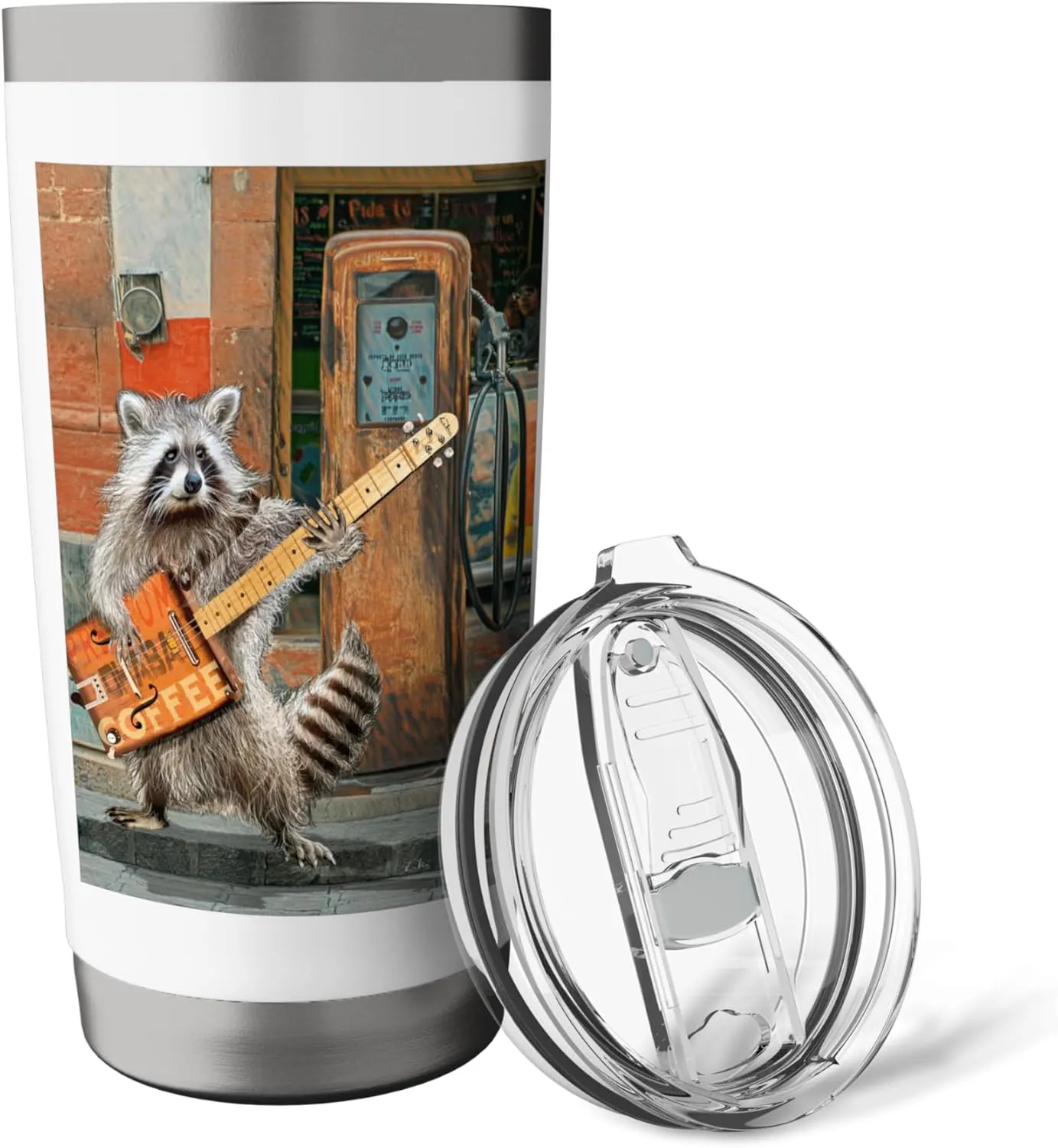 Raccoon Guitar Player Vintage Coffee Guitar Gas Pump Pop Art Stainless Steel Insulated Tumbler