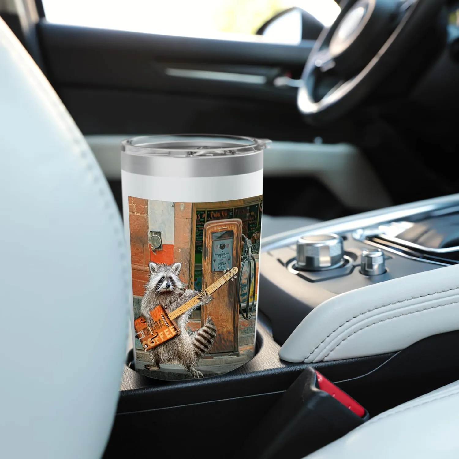 Raccoon Guitar Player Vintage Coffee Guitar Gas Pump Pop Art Stainless Steel Insulated Tumbler