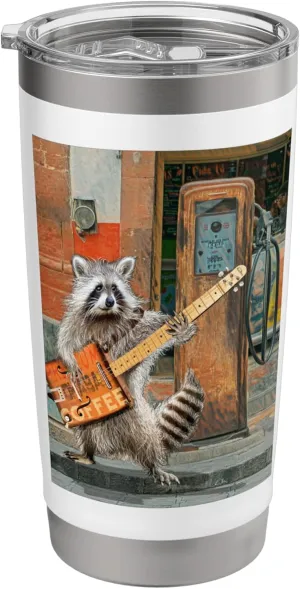 Raccoon Guitar Player Vintage Coffee Guitar Gas Pump Pop Art Stainless Steel Insulated Tumbler