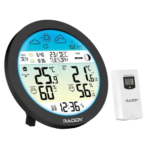 Raddy DT7 Weather Station with HTN Display – Indoor Outdoor Temperature and Humidity Monitor | Sunrise Sunset | Barometric Pressure | Moon Phase | Dual Alarm Clock | for Home, Garden, Farm, Greenhouse