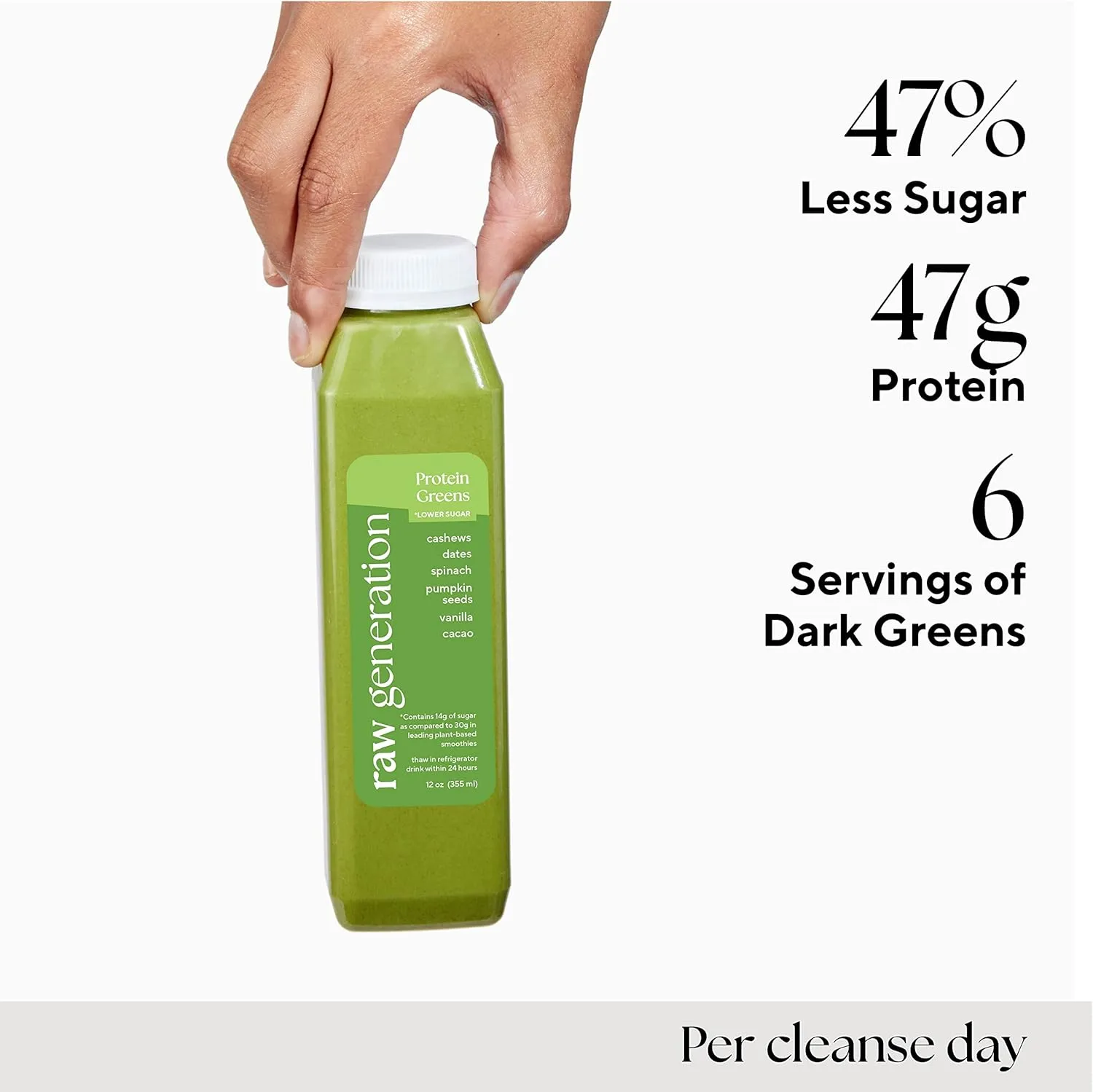 Raw Generation 3-Day Lower Sugar Detox Cleanse - Boost Digestion & Eliminate Bloating/Detox Gut, Colon, Liver/Less Sugar & 47g Protein Daily/Non-GMO, 100% Plant-Based Juices