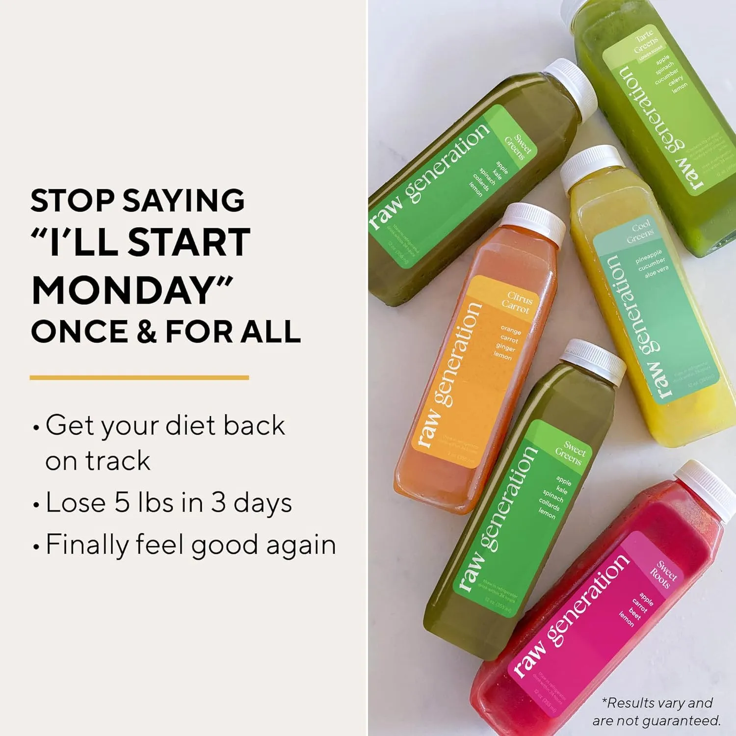 RAW generation 3-Day Skinny Cleanse - Best Sweet Greens Detox Juice Cleanse for Weight Management/Healthiest Way to Cleanse Your System/Jumpstart a Healthier Diet