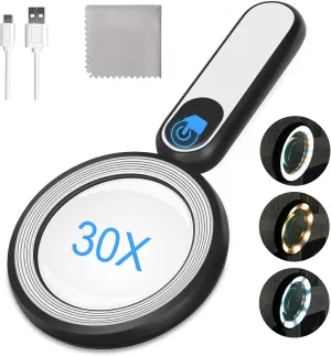 Rechargeable Magnifying Glass with Light, 30X 4.7IN Handheld Large Lightweight Lighted Magnify Len 21 LED 3 Modes Illuminated Book Magnifier forKids,Senior,Reading,Inspection,Coin,JewelryChristmasGift
