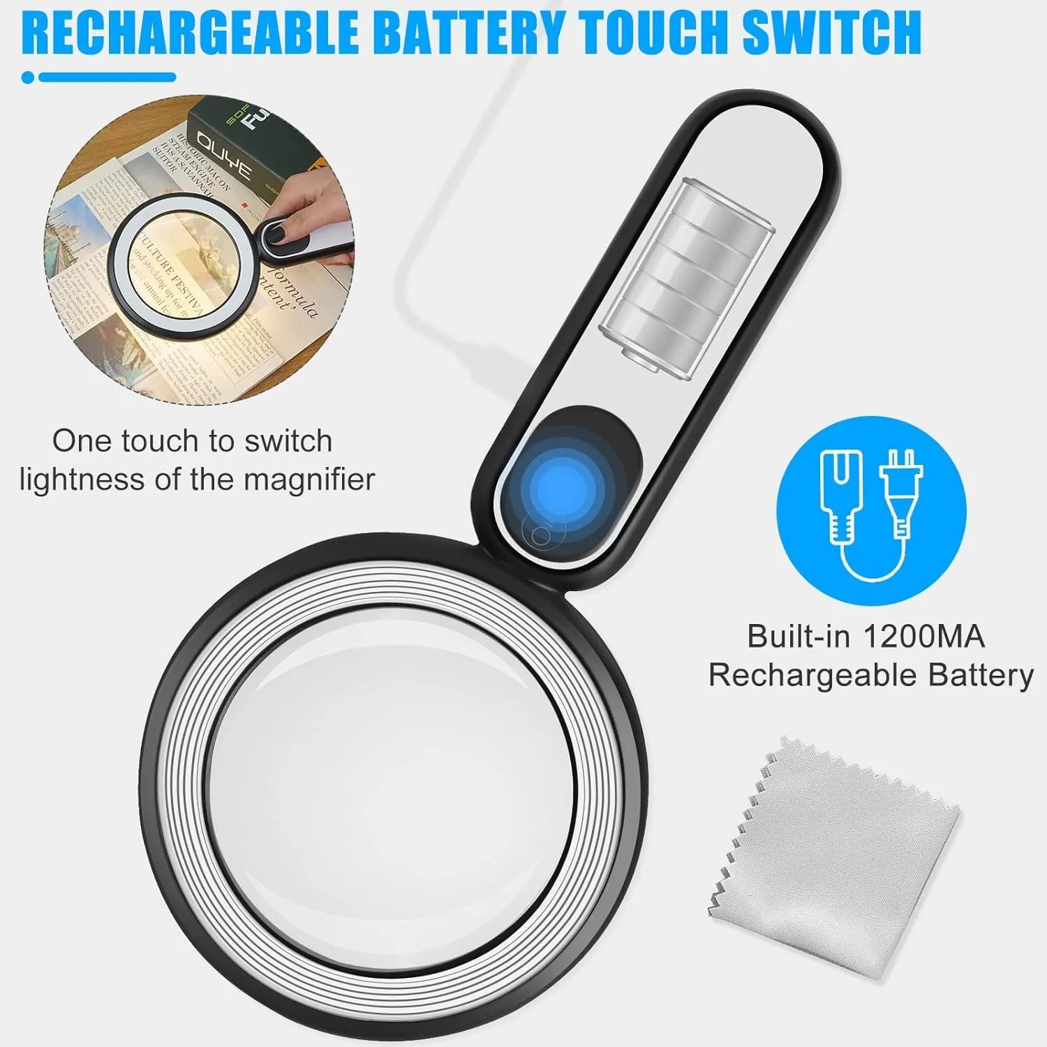 Rechargeable Magnifying Glass with Light, 30X 4.7IN Handheld Large Lightweight Lighted Magnify Len 21 LED 3 Modes Illuminated Book Magnifier forKids,Senior,Reading,Inspection,Coin,JewelryChristmasGift