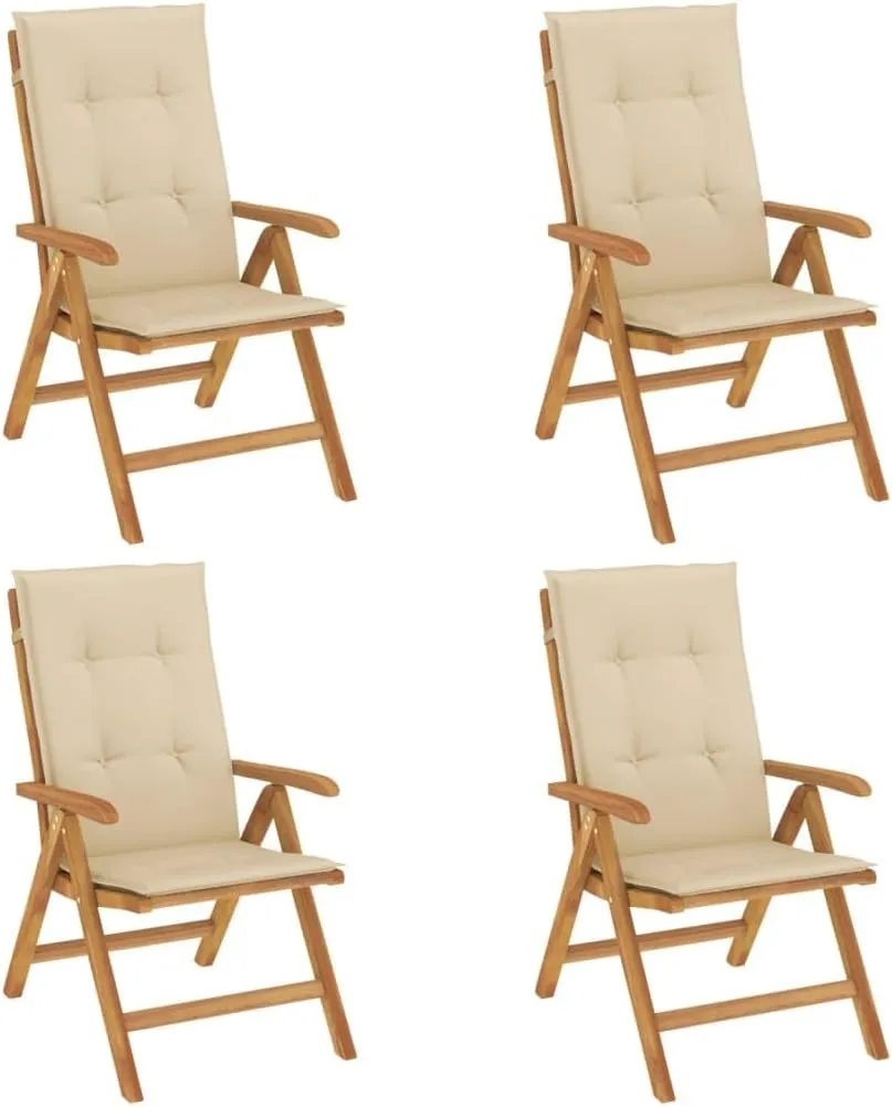 Reclining Patio Chairs with Cushions 4 Pcs Solid Teak Adjustable Foldable Outdoor Lounge Chairs Beige Cushions Comfortable Seating for Patio, Garden, and Beach