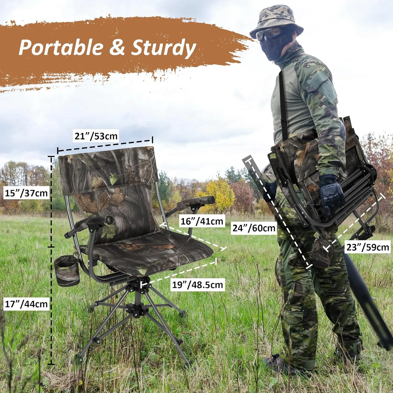 REDCAMP 360° Swivel Hunting Chairs for Ground Blinds, Portable Folding Camo Camping Chairs for Adults Hunting Seats with Hard Arms for Fishing Camping