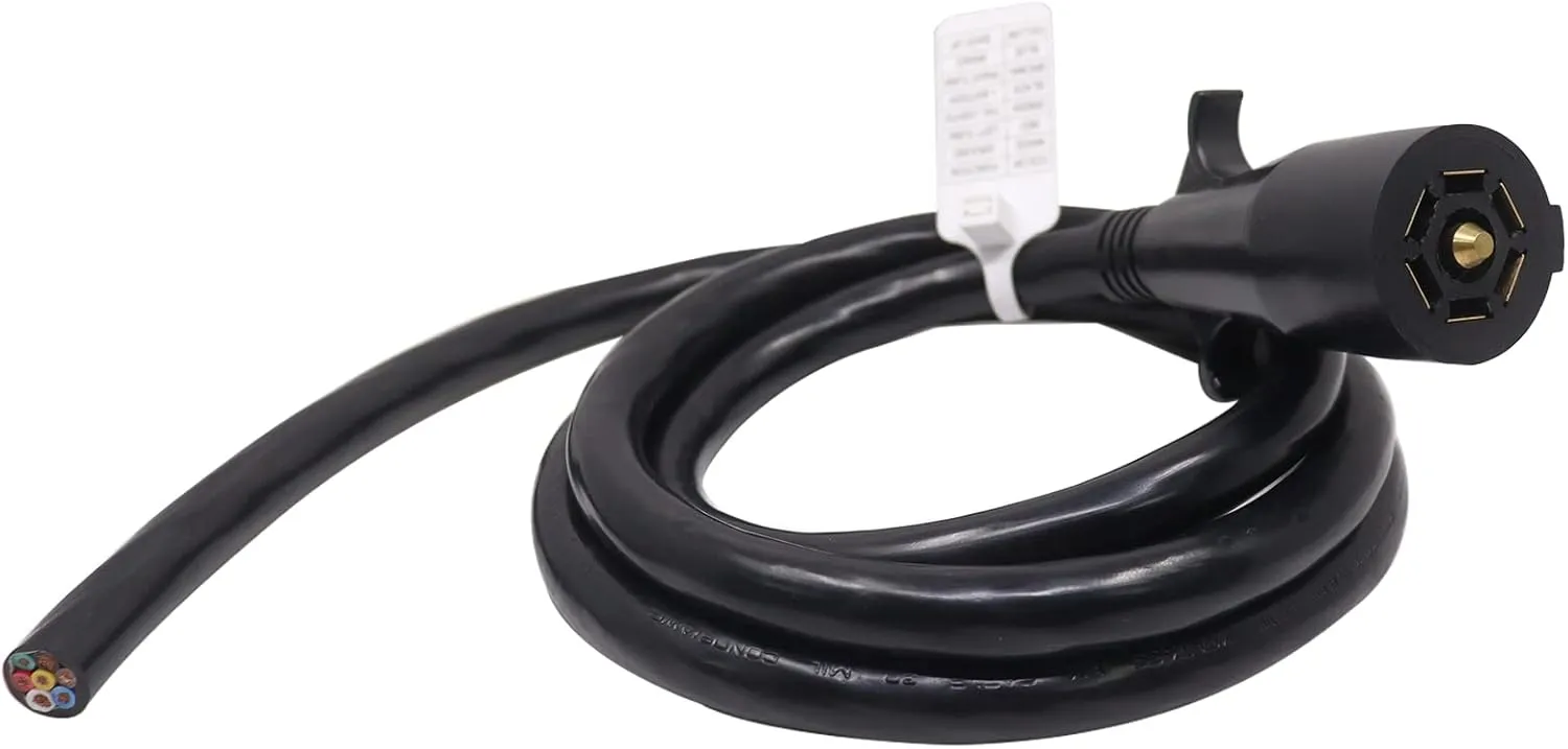 Replacement 7-Way RV Style Connector with Molded Cable Cord 6FT Long - Trailer End 7 Blade Trailer Wiring Harness 10-14AWG