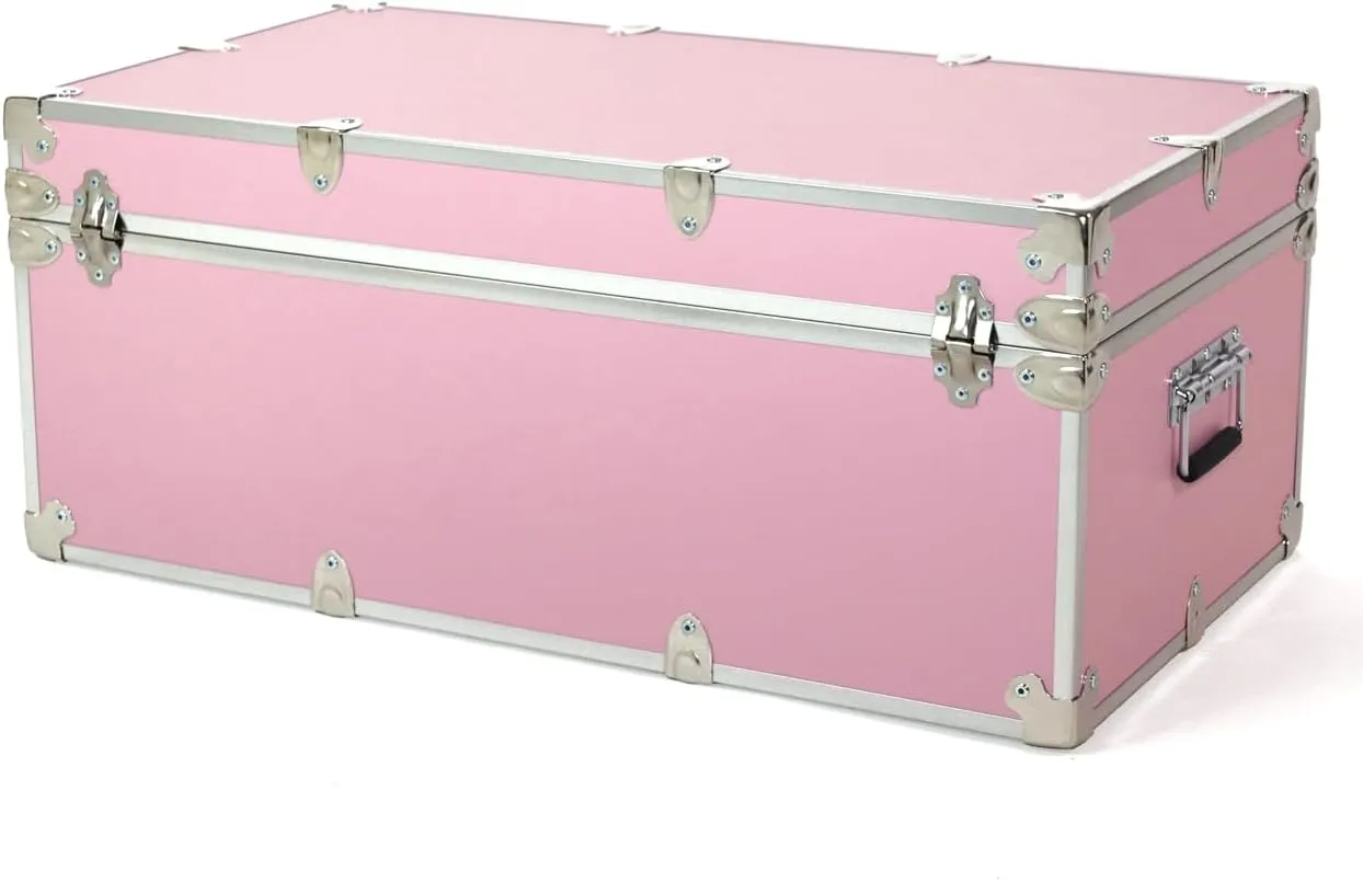 Rhino Trunk & Case Large Essential Summer Camp Trunk with Wheels - Camping Storage Chest - Ideal Footlocker for Campers - Strong 1000  Pound Sitting Capacity Trunks 32"x18"x14" (Pink)