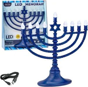 Rite Lite Blue Plastic Electric LED Low Voltage Chanukah Menorah with Clear Bulbs - Hanukkah Menorah Battery or USB Powered - Includes a Micro USB 4' Charging Cable