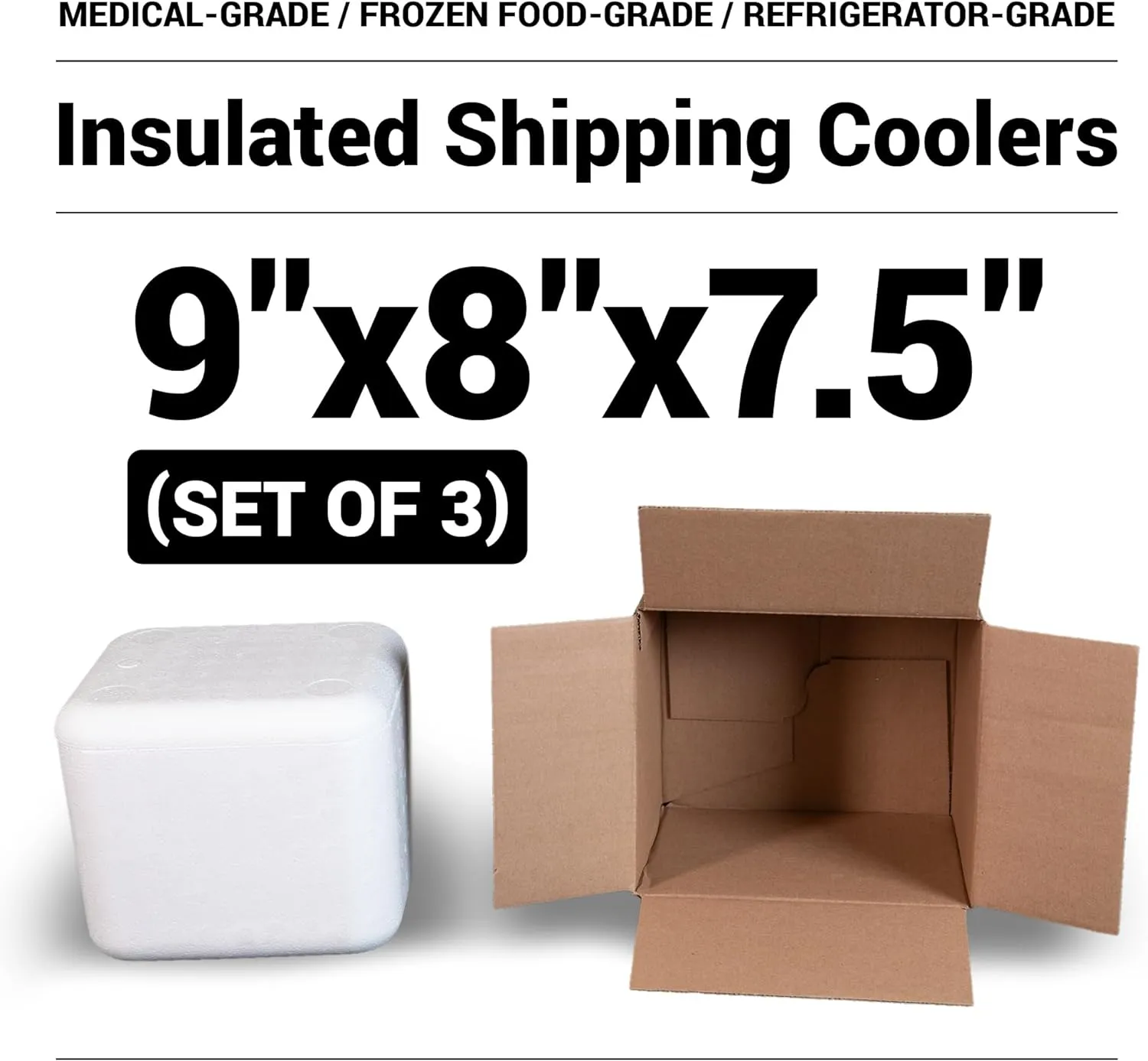 Robin II EPS Foam Cooler (Outside Dimensions: 9” x 8” x 7.5”) with Shipping Box - 3 Pack, Protective, Thermal, Insulated, Biodegradable, Recyclable, Shipping/Storage