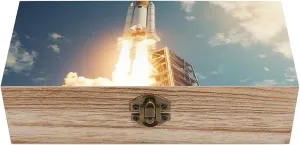 Rocket Launch Wooden Box Decorative Jewelry Box with Hinged Lid Storage Organizer