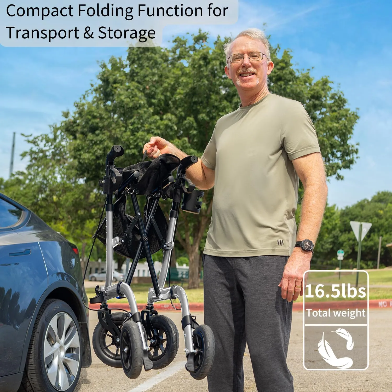 Rollator Walker for Seniors, Lightweight Foldable All Terrain Rolling Walker with seat, Aluminum Walkers with 10 inch Rubber Wheels, Handles and Backrest for Seniors and Adult