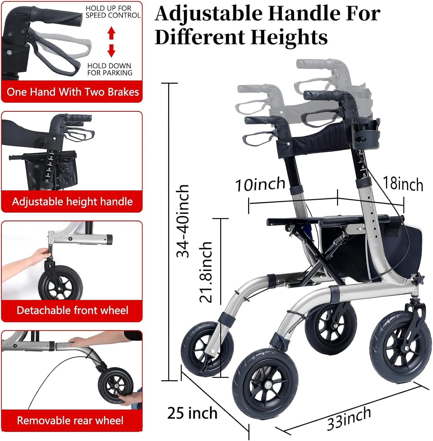 Rollator Walker for Seniors, Lightweight Foldable All Terrain Rolling Walker with seat, Aluminum Walkers with 10 inch Rubber Wheels, Handles and Backrest for Seniors and Adult