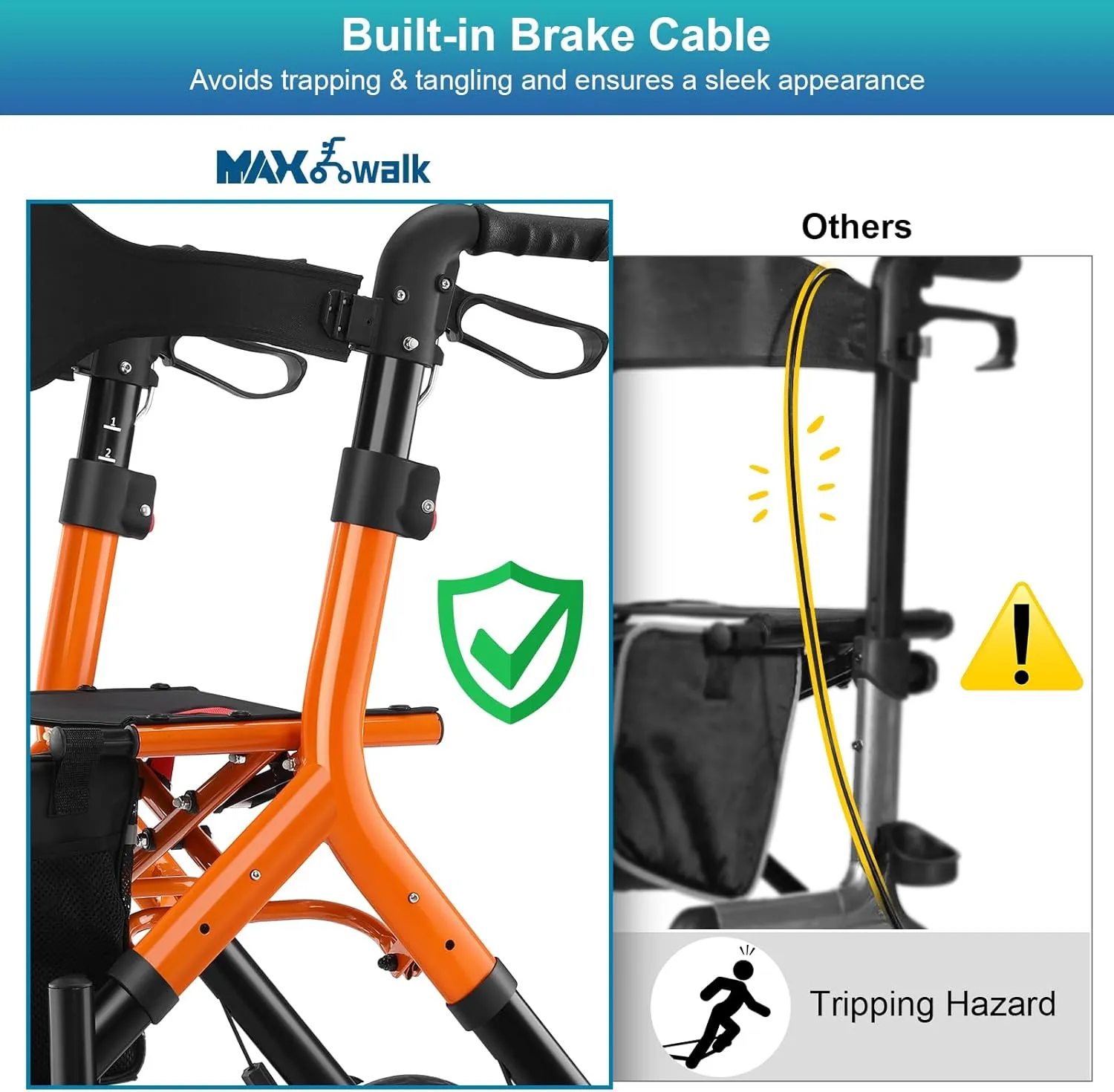 Rollator Walker with Seat, Tall Walkers for Seniors, 12" Big Rubber Wheels All Terrain Rollator Walker with Backrest, Built-in Cable, Foldable and Dual Adjustable Height for 5.3-7ft, Orange