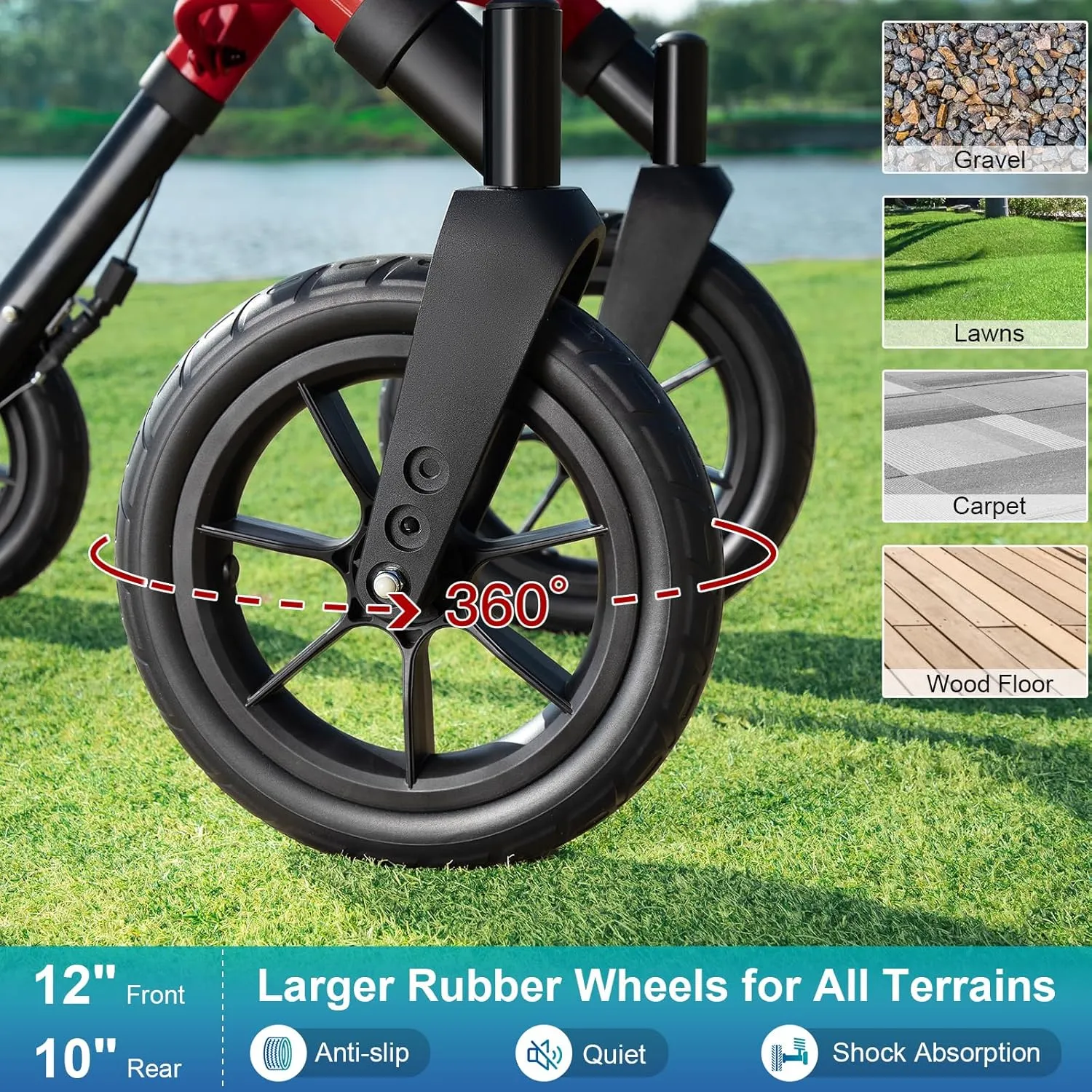 Rollator Walker with Seat, Tall Walkers for Seniors, 12" Big Rubber Wheels All Terrain Rollator Walker with Backrest, Built-in Cable, Foldable and Dual Adjustable Height for 5.3-7ft, Red