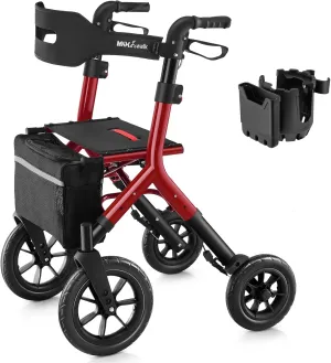 Rollator Walker with Seat, Tall Walkers for Seniors, 12" Big Rubber Wheels All Terrain Rollator Walker with Backrest, Built-in Cable, Foldable and Dual Adjustable Height for 5.3-7ft, Red