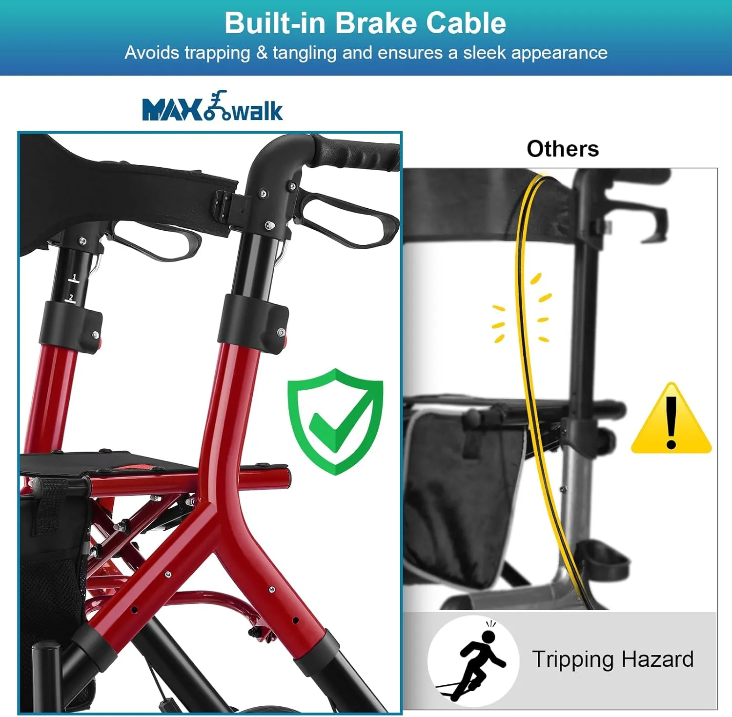 Rollator Walker with Seat, Tall Walkers for Seniors, 12" Big Rubber Wheels All Terrain Rollator Walker with Backrest, Built-in Cable, Foldable and Dual Adjustable Height for 5.3-7ft, Red