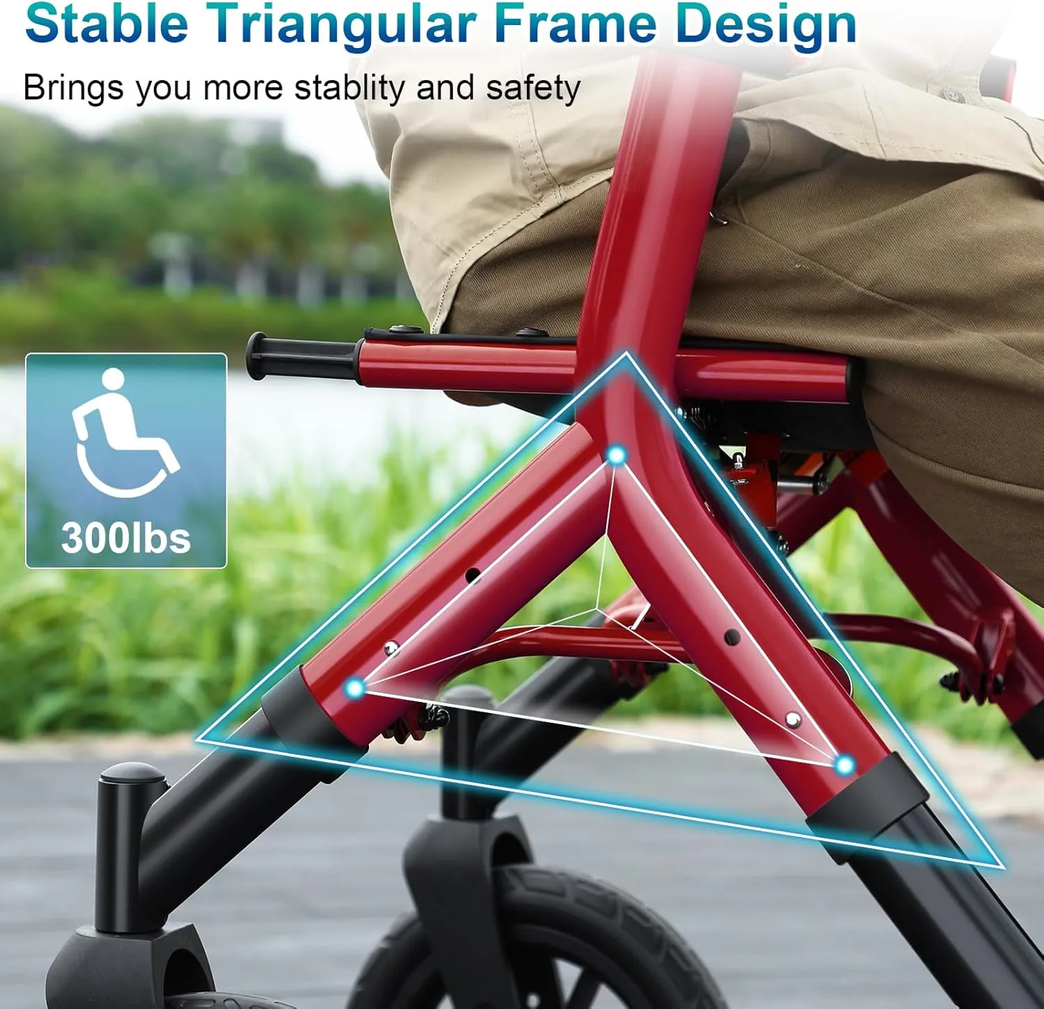 Rollator Walker with Seat, Tall Walkers for Seniors, 12" Big Rubber Wheels All Terrain Rollator Walker with Backrest, Built-in Cable, Foldable and Dual Adjustable Height for 5.3-7ft, Red