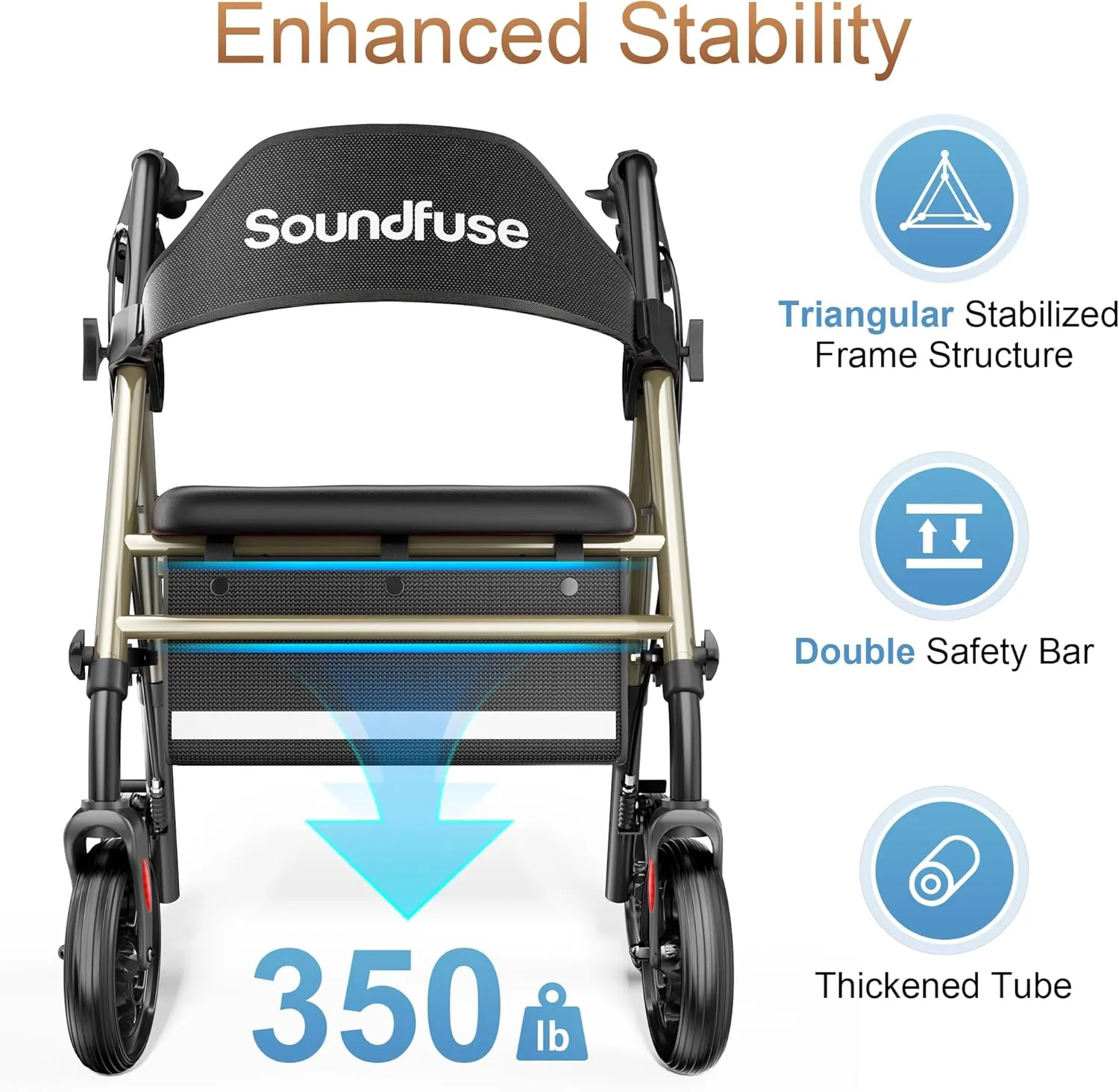Rollator Walkers with Seat for Seniors, Foldable 8" Big Wheels All Terrain Rolling Walker, Handles and Ergonomic Seat Height Adjustable, 350 lb, FSA HSA Eligible